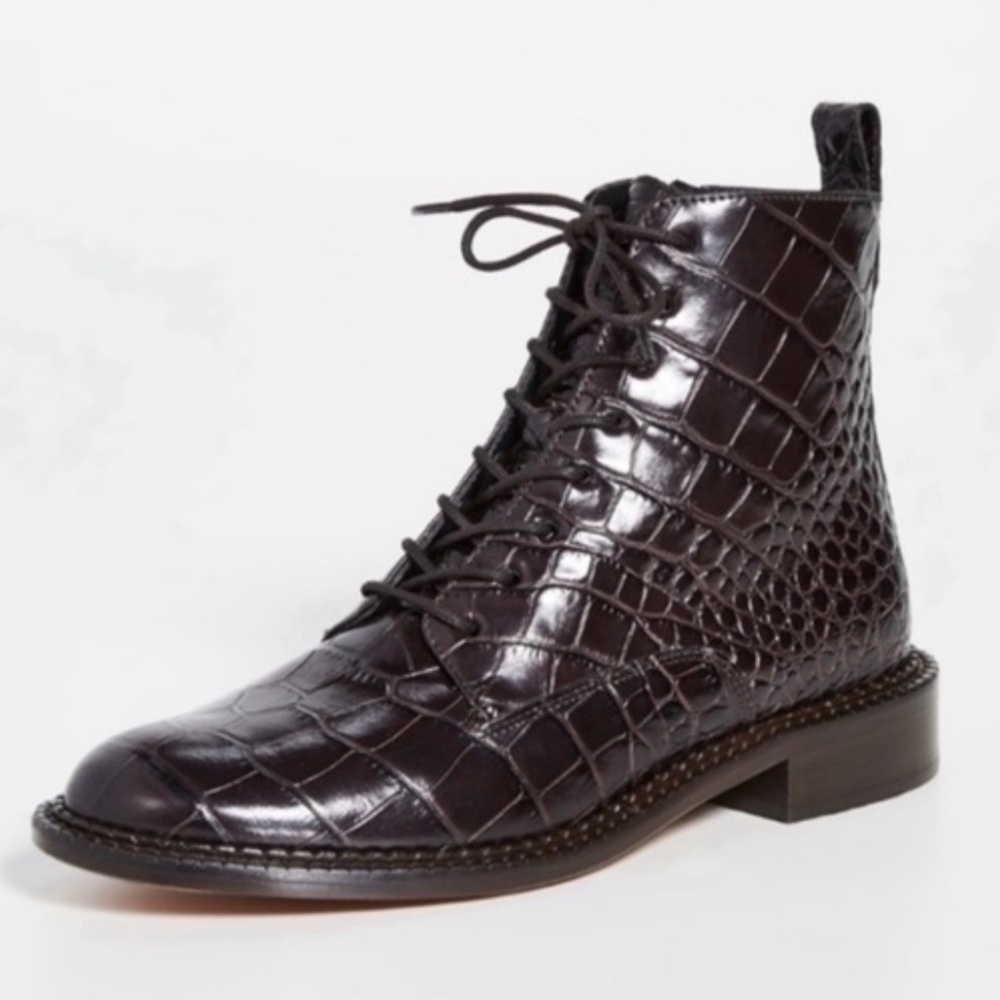 PERTINI CROC EMBOSSED BROWN LACE UP BOOTIE WITH SIDE ZIP WOMENS SZ 37